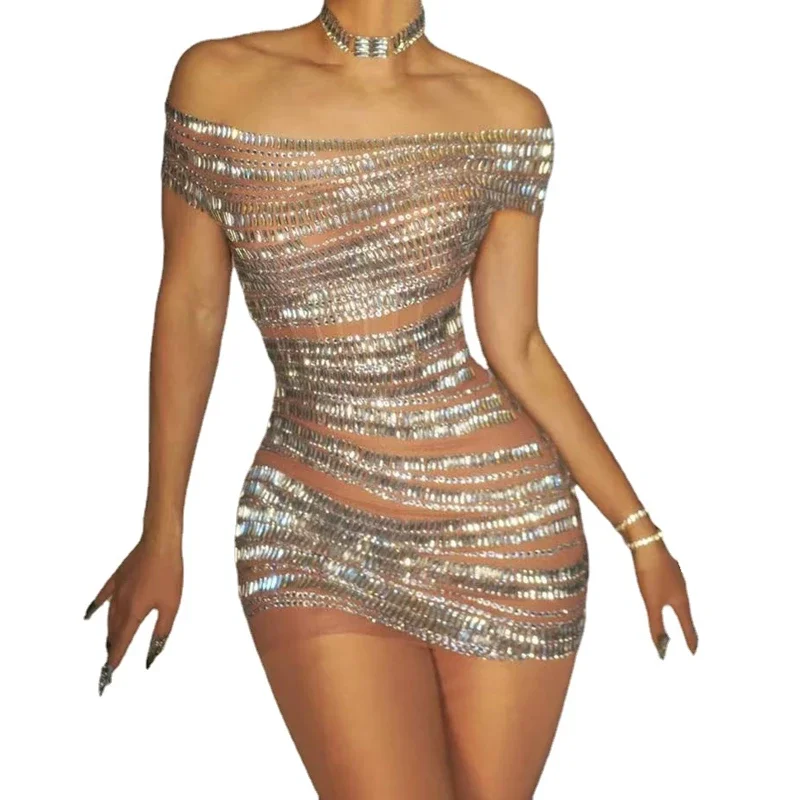 Vestido corto con hombros descubiertos y diamantes brillantes para mujer, malla transparente, Sexy, fiesta, celebración, cumpleaños, fotografía, disfraz de escenario