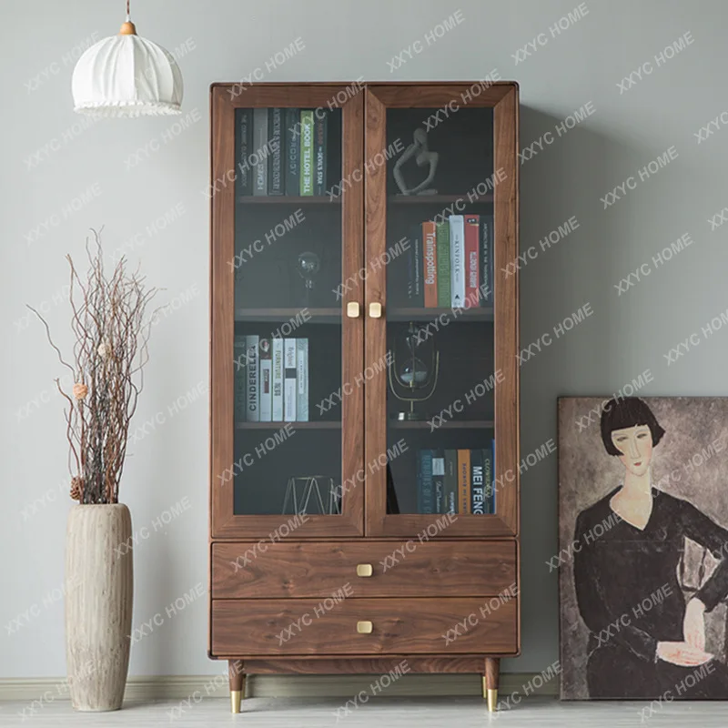 Walnut Solid Wood Bookcase Living Room Storage Locker Floor to Floor Glass Double Door Standing Cabinet Simple Bookcase