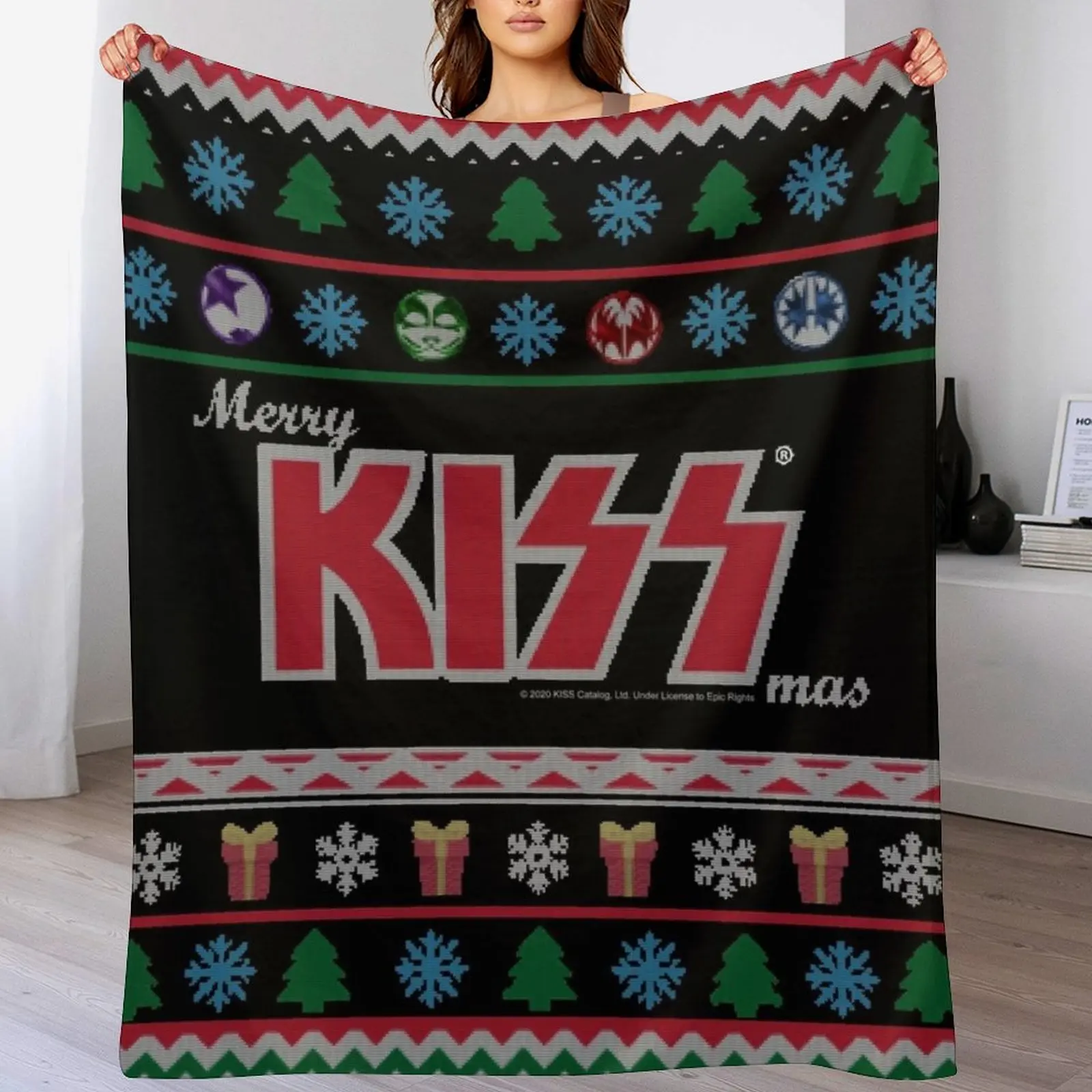 ¿Besar? The Band - Merry KissMas Ugly Sweater Throw Blanket, manta suave y peluda para dormitorio y sala de estar