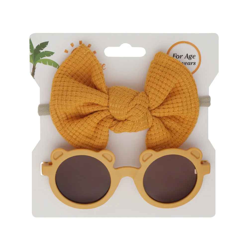 Bear Sun Protection Óculos de sol para crianças, waffle, topknot, arcos de cabelo, headbands, óculos de sombra, acessórios de moda, bebê, 2pcs por conjunto