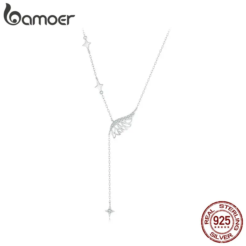 

BAMOER 925 Sterling Silver Angel Wing Necklace, White Gold Plated Classic Necklace with Cubic Zirconia Jewelry Gift for Women