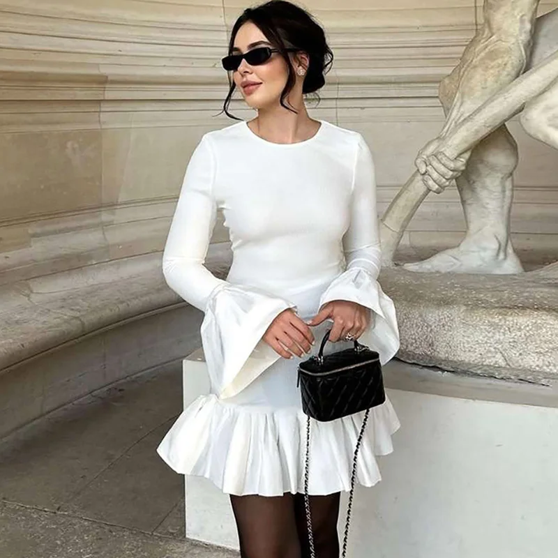 

Ticketsx Women O-Neck Slim Long Sleeve A-Line Ruffle Dress White Pleated Patchwork Mini Dress Autumn Elegant Party Clubwear