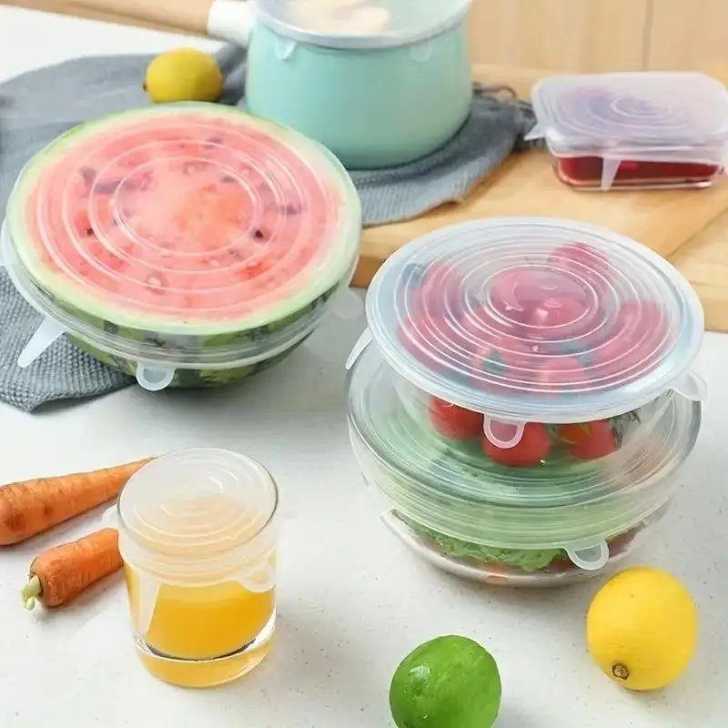 6Pcs Silicone Stretch Lids Reusable Airtight Seal Bowl Covers Leakproof Fresh Keeping Wraps For Kitchen Food Storage Use