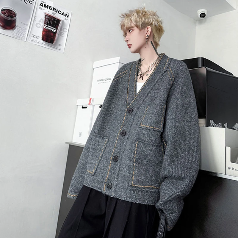 LUZHEN التطريز مخطط تصميم فضفاض الخامس الرقبة سترة مشغولة من الصوف الرجال 2025 شتاء جديد موضة عالية الجودة وسيم سترة JY4832 #2