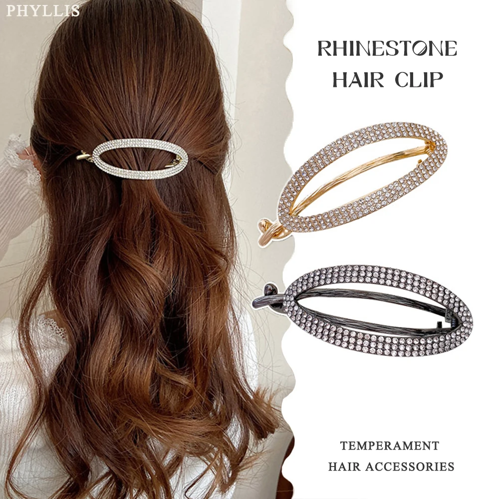 Shiny Rhinestone Hair Clips Metal  Geometric Hairpin for Women Girls Temperament Ponytail Barrettes Daily Hair Accessories