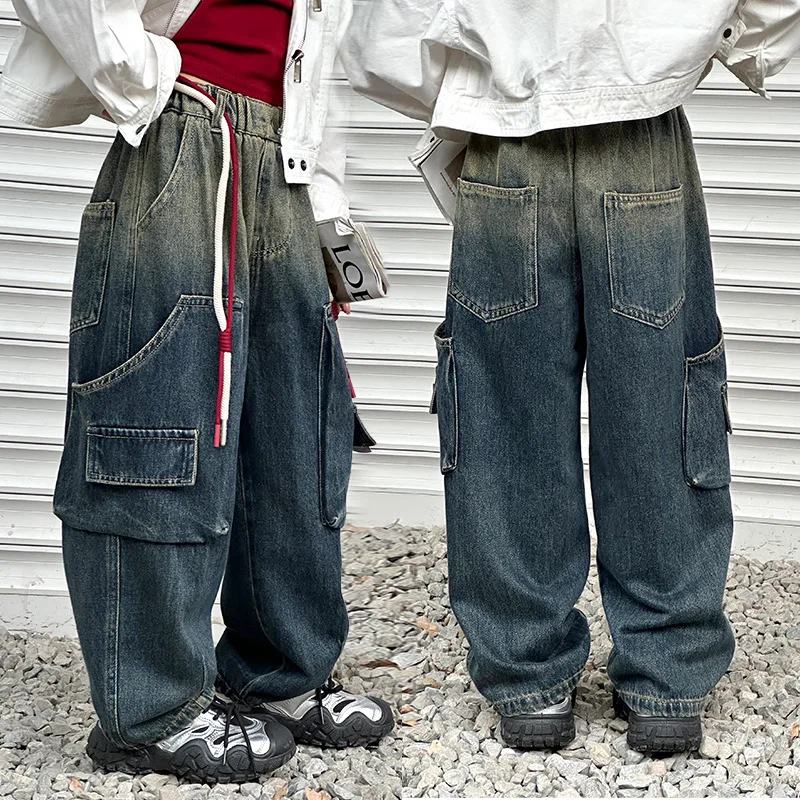 Korean Teen Boys Casual Cargo Jeans with Pocket for Tween Kids Fashion Streetwear Denim Pants Child Spring Fall Cowboy Trousers