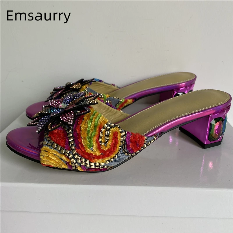 Colorful Embroidery Flower Air Mesh Sandals Women Luxury Diamond Crystal Heel Bling Decor Slingbacks Mules Summer