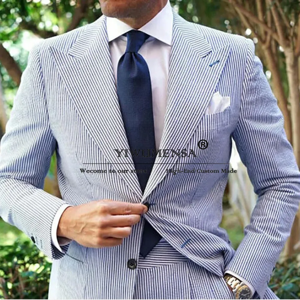 

Summer Grey Stripes Business Suit Men Single Breasted Jacket Pants 2 Pieces Groomsman Tuxedos For Wedding Party Male Clothing