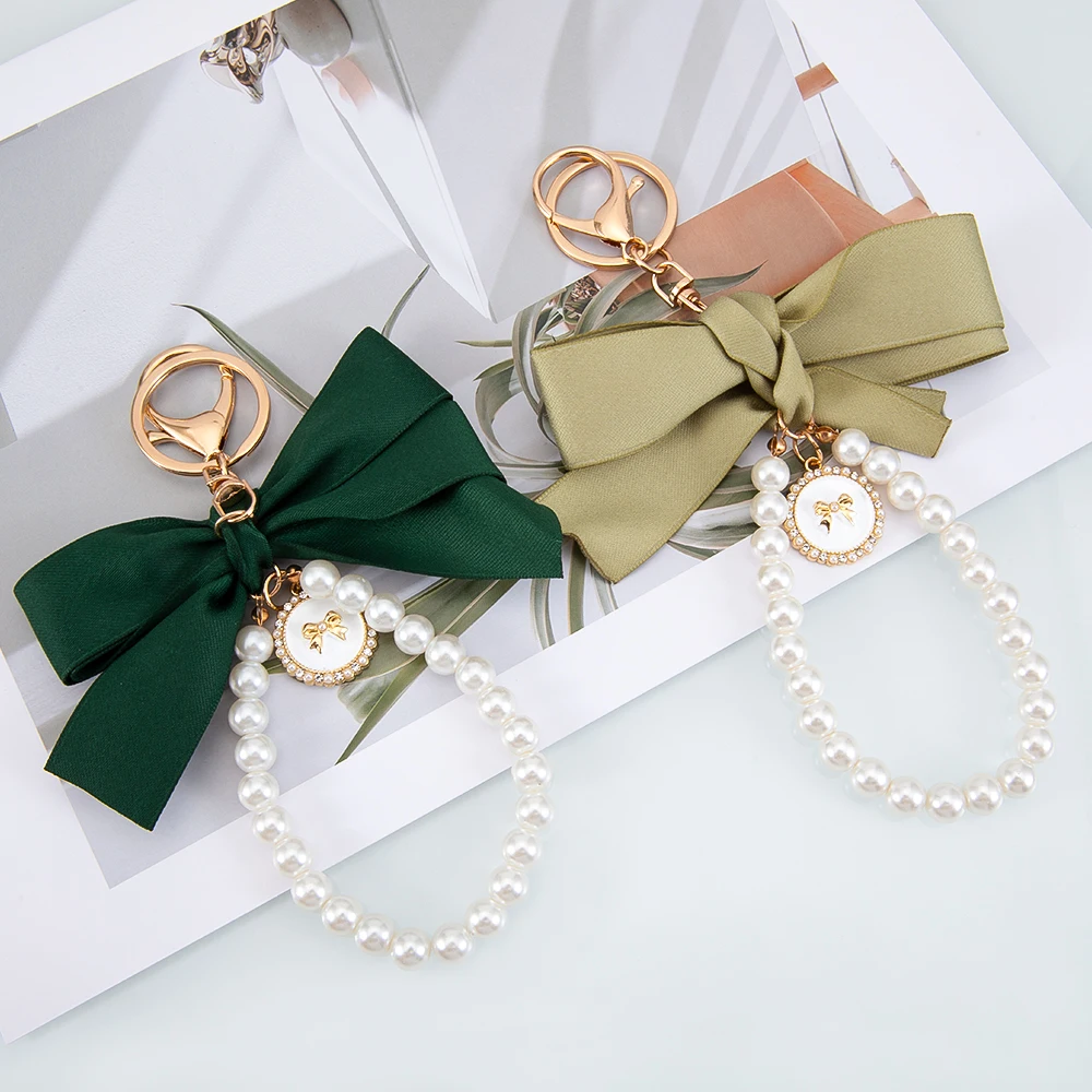1pc 2pcs Colorful Fabrics Bownot Pendant Phone Charms Imitated Pearl String Keychain Bag Strap Cellphone Lanyard Keyring Jewelry