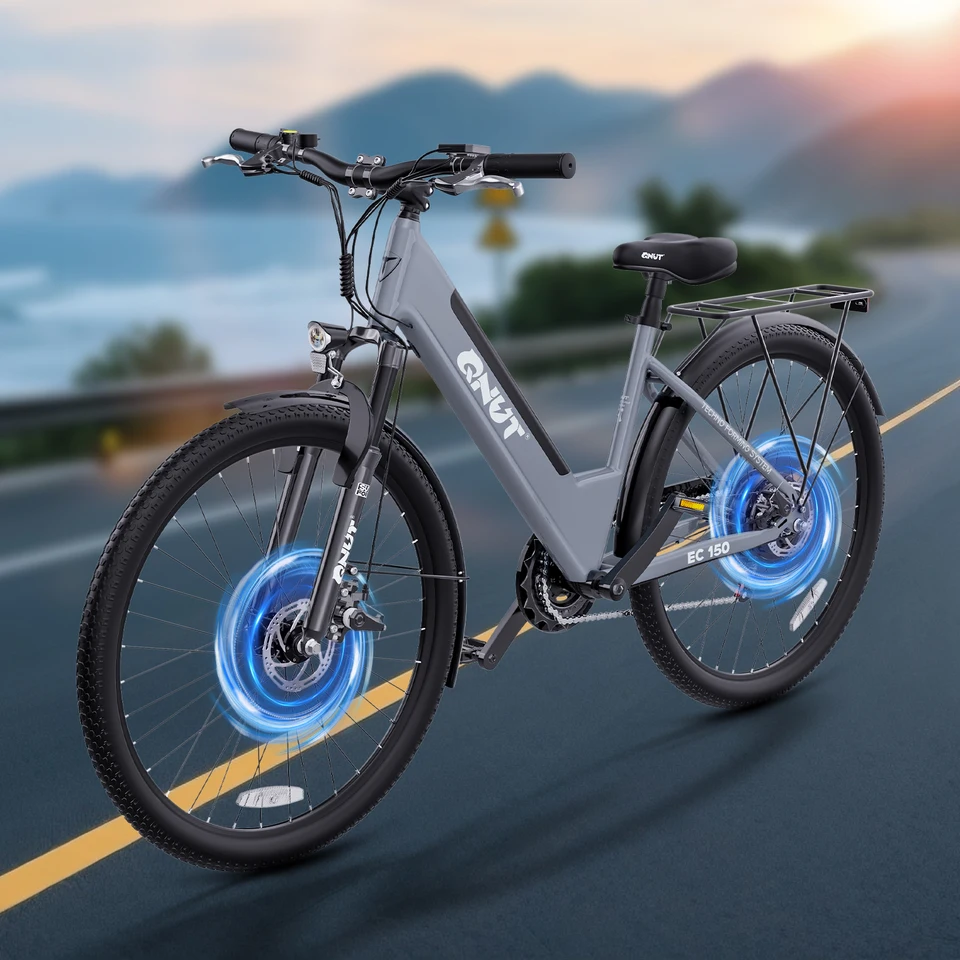 QNUT EC150 26 Inch Step‑Thru Electric Bike for Adults, 1000W Peak Brushless Motor 48V 10.4Ah Removable Battery, Max 20MPH, 65 Miles PAS Range, 7‑Speed E‑Bike with Front Suspension, UL2849 UL2272 Certified Commuter Ebike