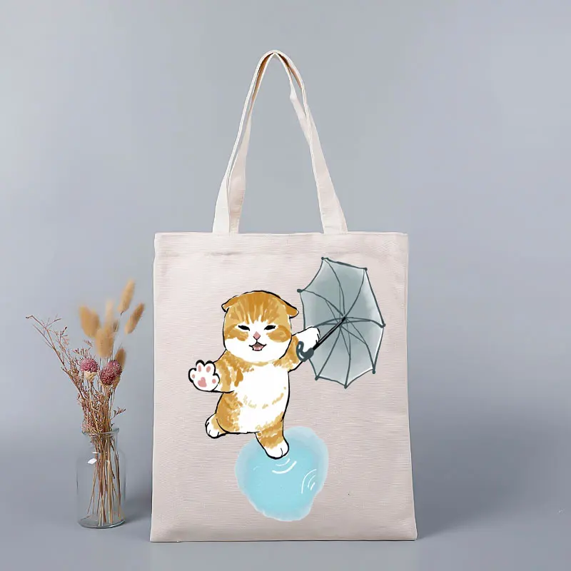 Japanese Cute Cat Print Custom Summer Large Beach Bag Shopper Handbag  Girl Canva Shoulder Bag Tote Bag Luxury Designer Purse