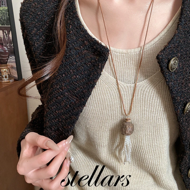 

Bohemian Ethnic Style Ceramics Fruit Pits Necklace Pearl Tassel Retro Niche High-End Clavicle Chain Jewelry For Women