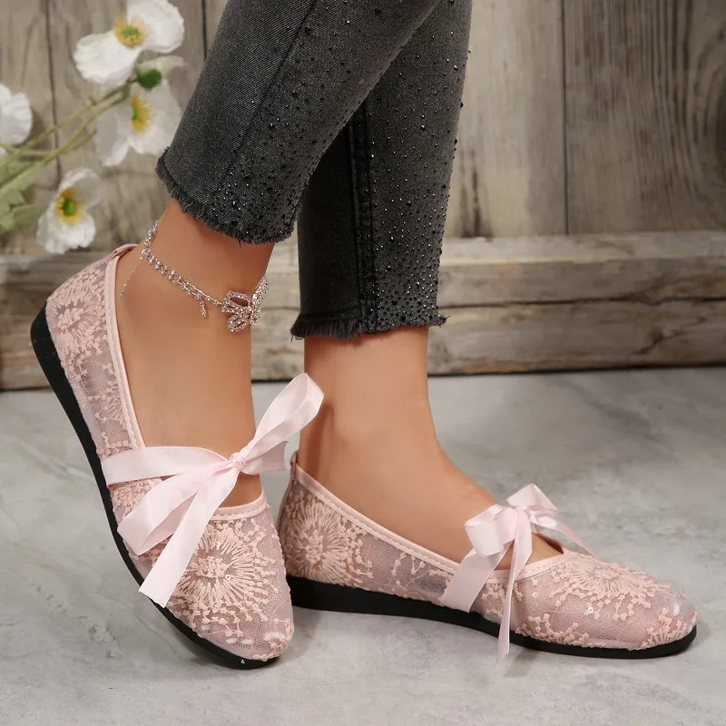 Fashion New Pink Lace Flower Flats Spring Summer Casual Soft Sole Square Toe Lace Up Sweet Ballet Mesh Breathable Single Shoes - view 5