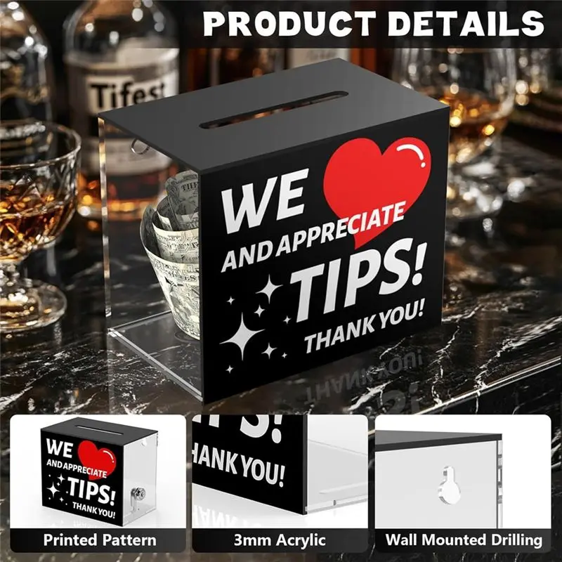 Tip Jars For Money Acrylic Tip Collection Box With Lock Donation For Bar Restaurant Musician Car Driver