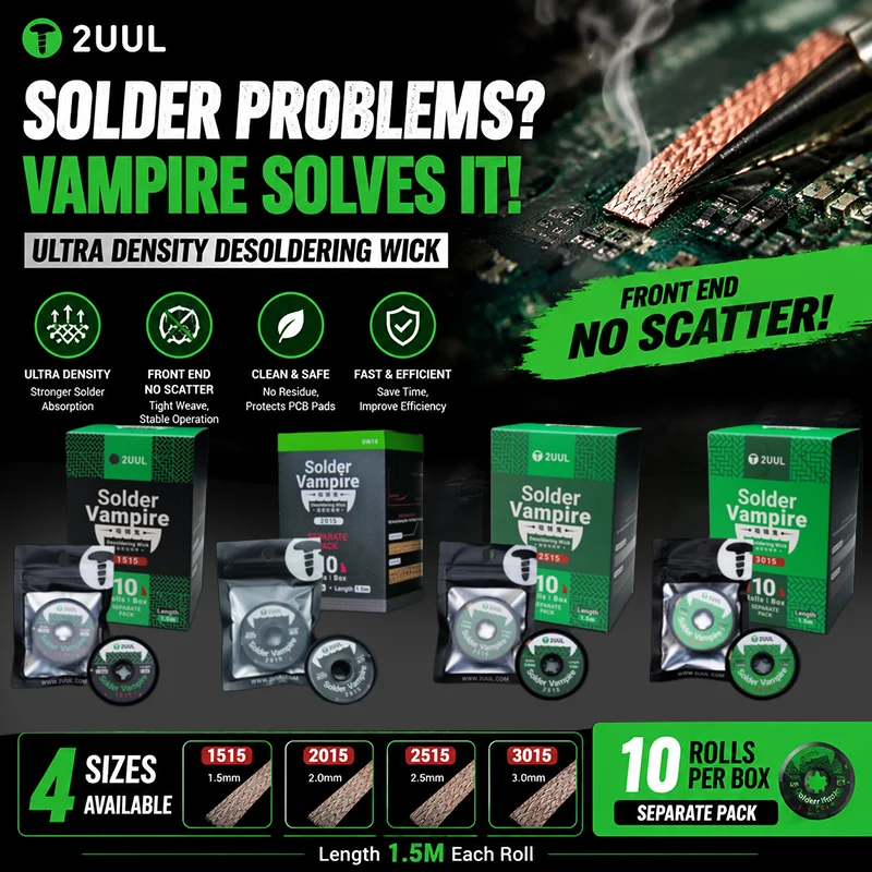 2UUL Solder Vampire Desoldering Wick Ultra Density High Thermal Conductivity Desolder Braid for PCB Repair