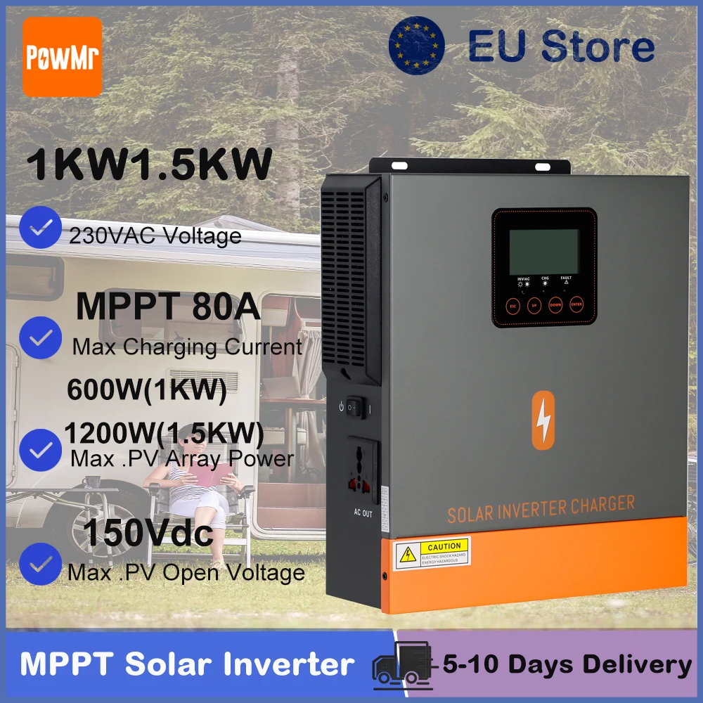 PowMr – hybrydowy falownik solarny 1 kW, 1,5 kW, przetwornica prądu stałego 12 V/24 V na prąd zmienny 230 V, z kontrolerem ładowania solarnego 80 A, generujący czystą falę sinusoidalną, przeznaczony