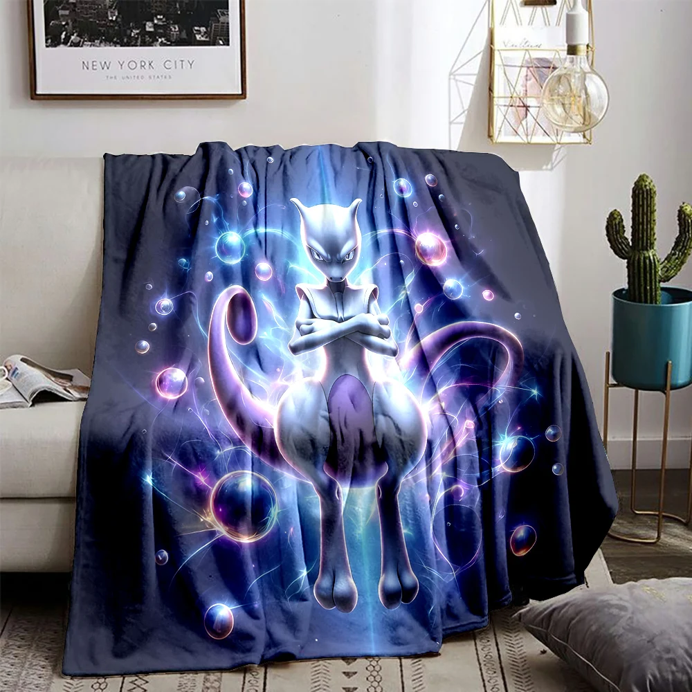 Cool Pokemon-Mewtwo Cartoon Anime Print Flannel Office Soft Fluffy Shawl Blanket Plush Nap Cover Girl Gift Picnic Blanket