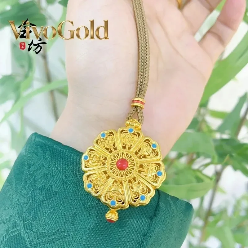 

VivoGold Gold Shop 9999 24K real gold hollow filigree eight treasures gawu box pendant necklace Sakyamuni Buddha disc sweater ch