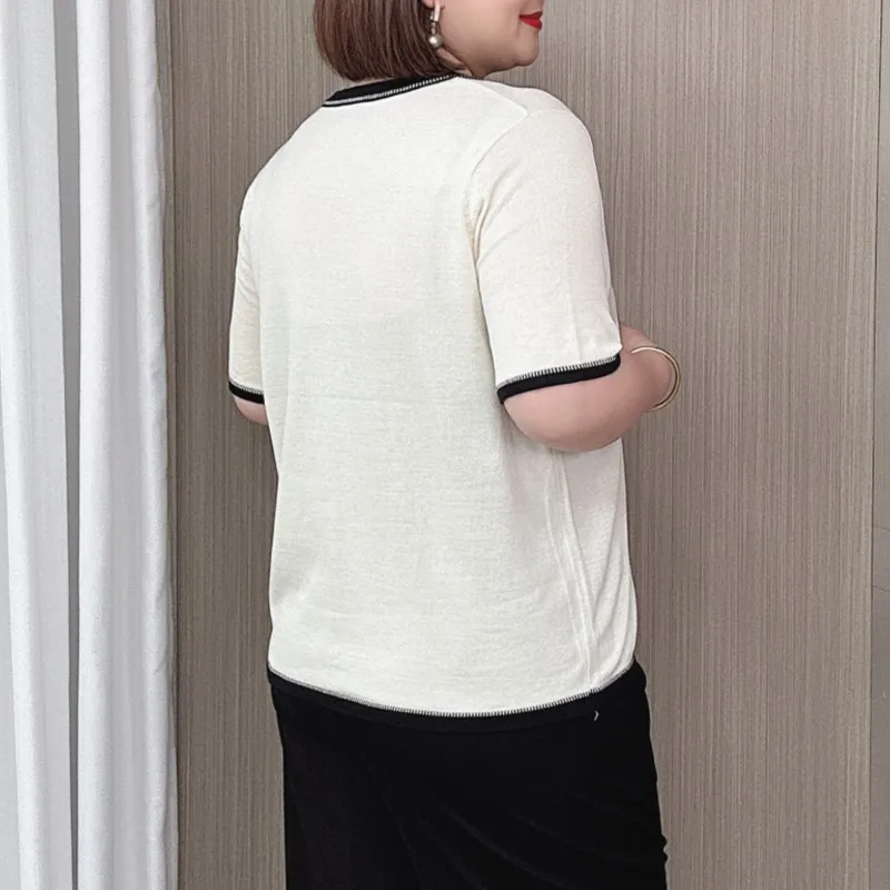 Ice Silk Knitted Cardigan Women Summer 2024 New Plus Size Thin Chic Design V-neck short-sleeve T-shirt