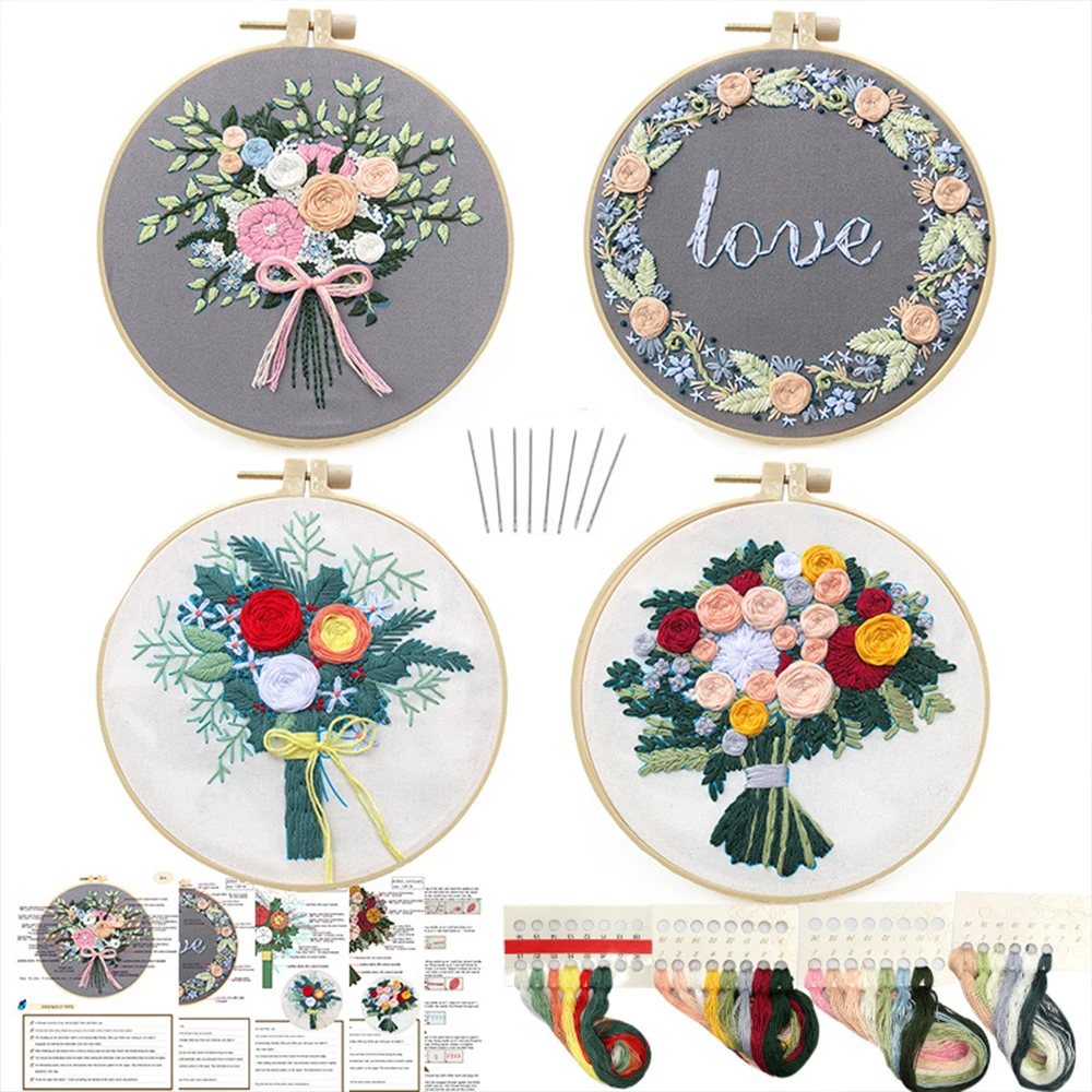 Ribbon Embroidery Kits DIY with Embroidery Hoop, Pastoral Floral Full Sheet Set, for Beginner Embroidery Craft Kit Wall Painting