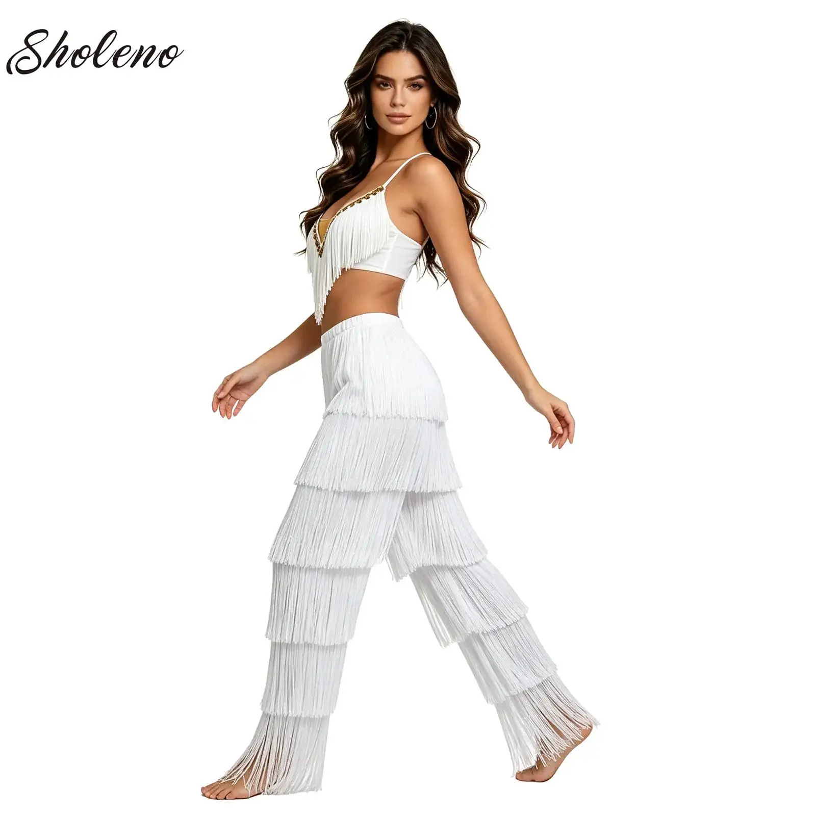 

Women Latin Dance Suit Tassel Dresses Fringed Outfit Samba Salsa Dance Competition Stage Performance Costumes Crop Top and Pants