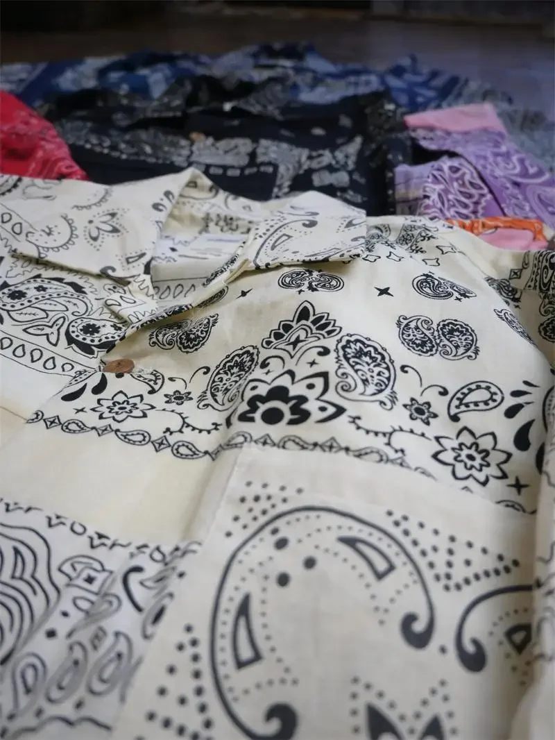 SONOFLOONG Vintage Old Cashew Flower Cuban Collar Shirt Long Sleeve American Hawaiian Lapel Shirt