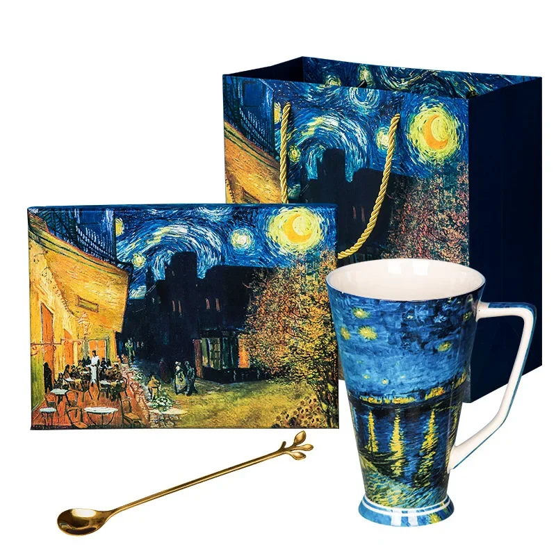 Van Gogh Ceramic Mug Coffee Large Espresso Cups Oil Painting Starry Sky Bone China Water Cup with Spoon Personalized Gift Box