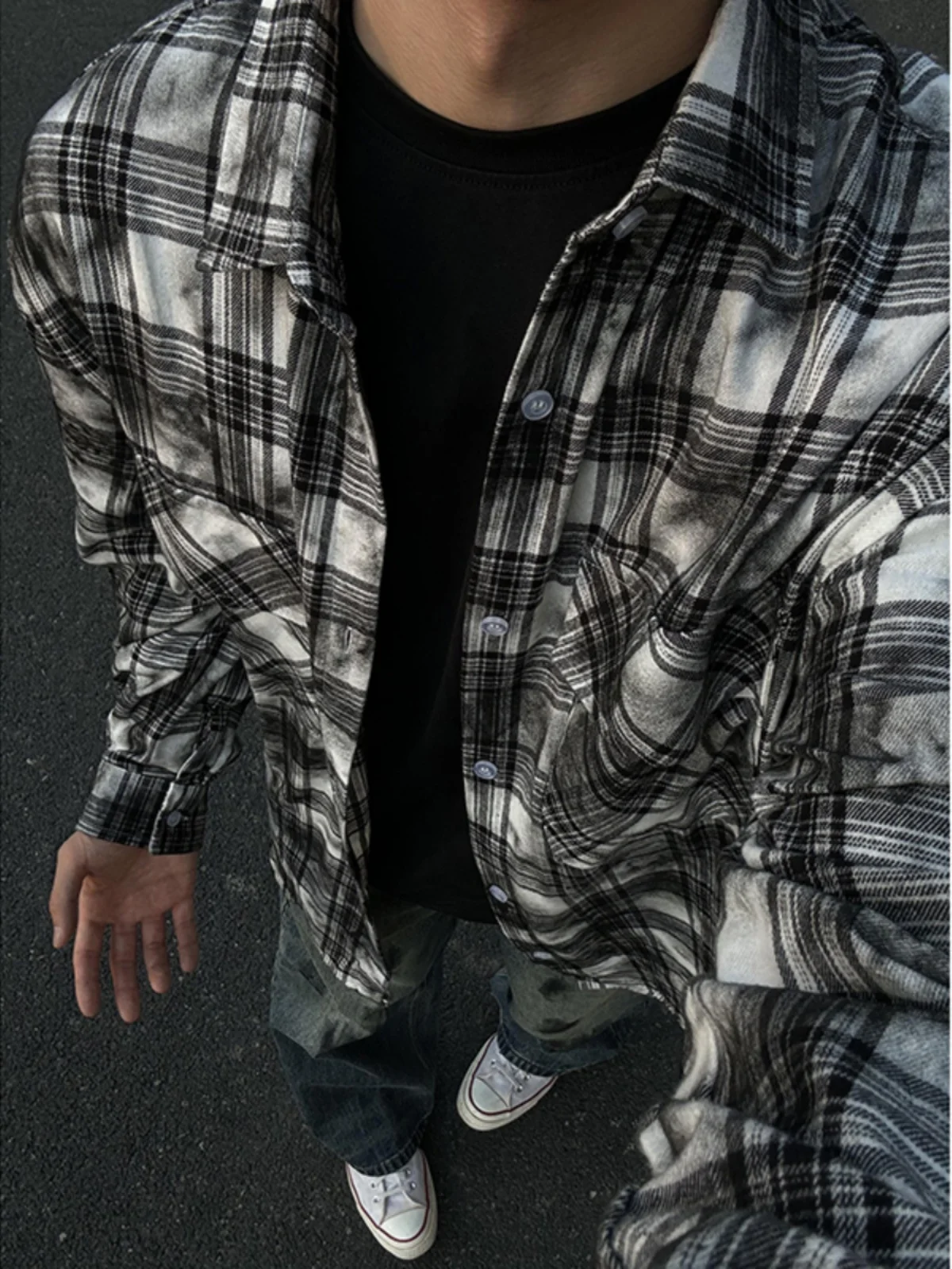 

Bla Tie Dye Long Sve irt Men's Vintage American Waed Plaid irt Jaet Loose Fit Youth Trend Autumn Faion