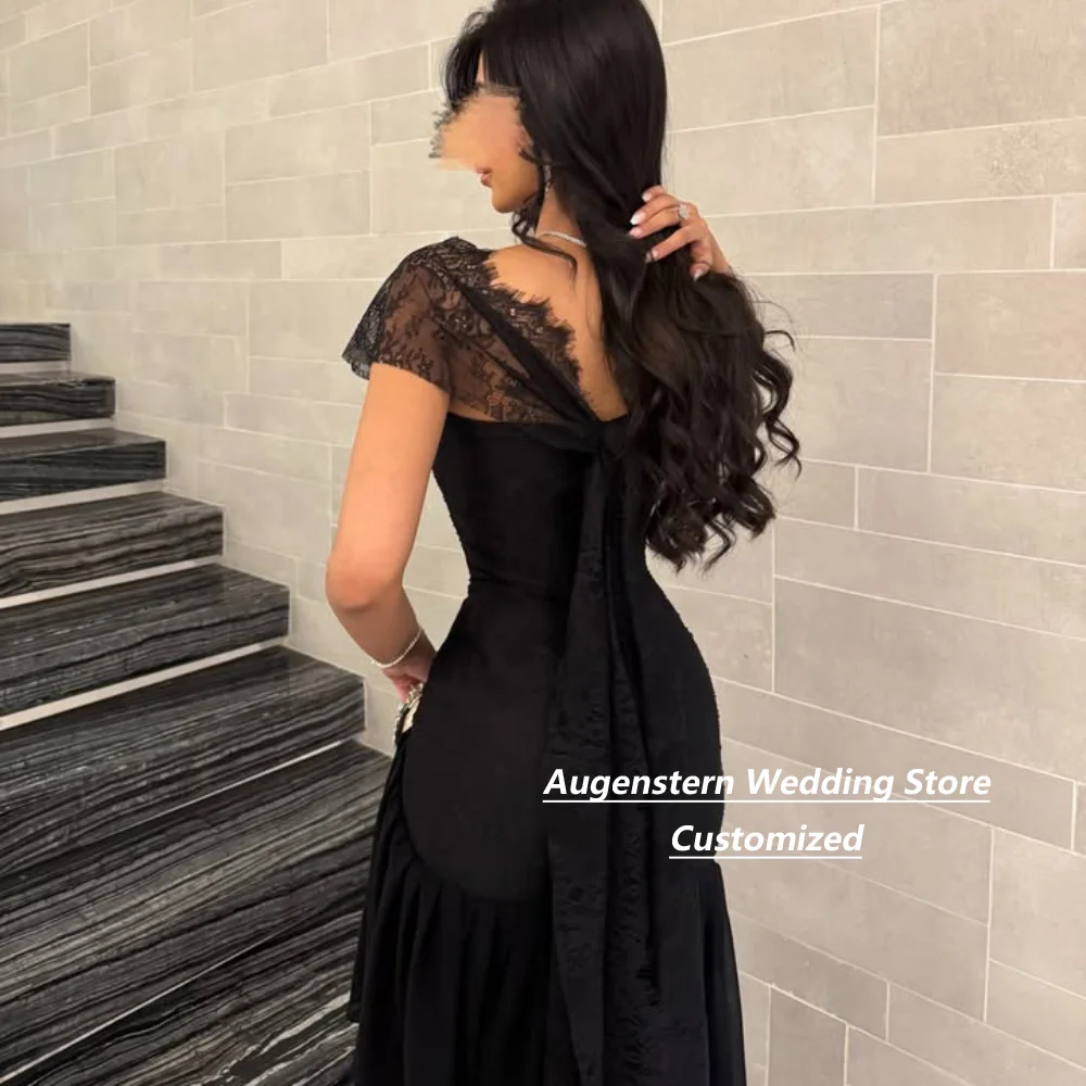 Customized Black Chiffon Lace Tiered Ruffle Mother Of The Bride Gown Backless Pleated Cap Sleeve Long Evening Formal Dress