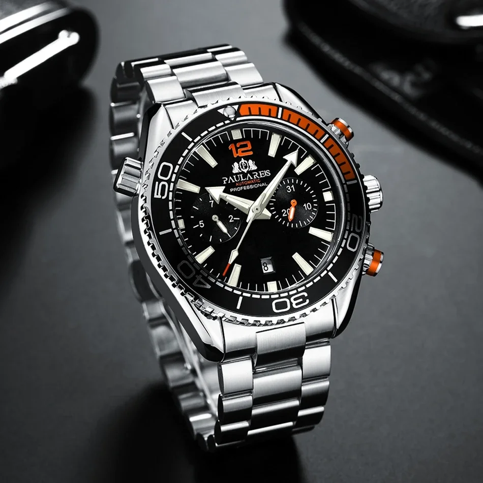 Automatic Watch Mechanical Self Wind Solid Stainless Steel Strap Orange Blue Multifunction Date Month 45mm for Men