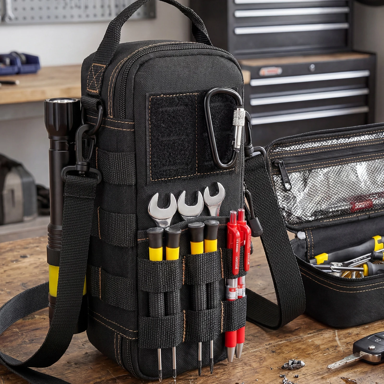 Portable Utility Organizer Case with Carabiner&Strap&Handle Multi Pockets Tool Bags Electrician Tools Kit Bag Mechanic Tools Box