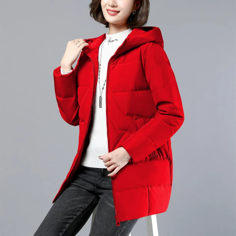 Abrigo informal de algodón para mujer, parka holgada, chaqueta roja de longitud media, acolchada, con capucha, gruesa, cálida, talla grande 4XL