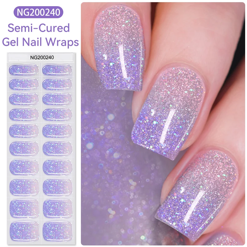 20Tips Glitter Laser Semi-cured Gel Nail Sticker Gradient Purple Full Cover Nail Gel Strip Wraps Press On Nail Art Accessories