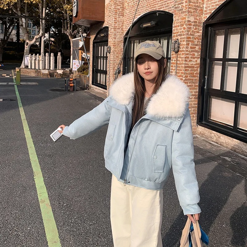 Big Fur Collar Women's Cotton Clothing Fashion Long Sleeved Patchwork Suede Jacket Autumn Winter Casual Short Quilted Coat