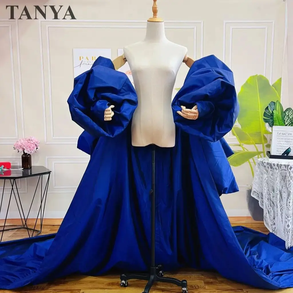 Royal BlueTaffeta Fashion Cape Tiered Back Puffy Sleeves Long Jacket Brides Wraps 2M Length Cover Up Bridal Cloak Accessories