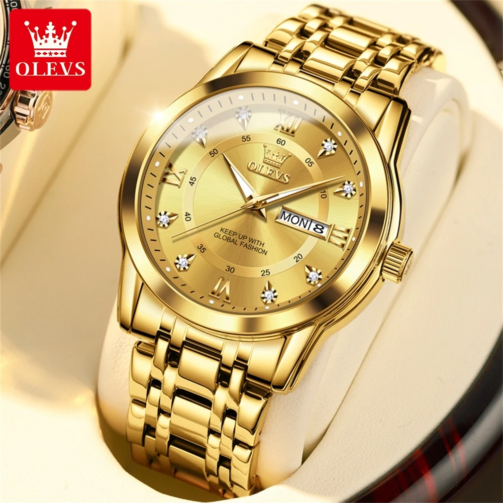 OLEVS Quartz Watch for Men Luxury Diamonds Gold Watch Waterproof Luminous Stainless Steel Business Men\'s Quartz Watch Mens Watch