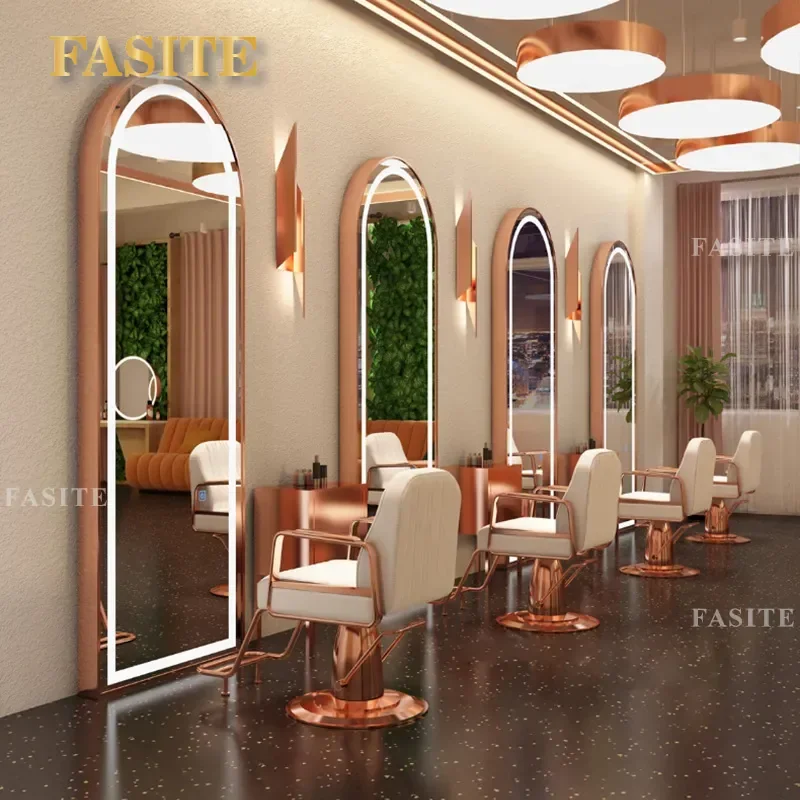 For Hair Double Sided Barber Mirror Table Floor to Ceiling Wall Mounted with Light High End Hair Cutting Station