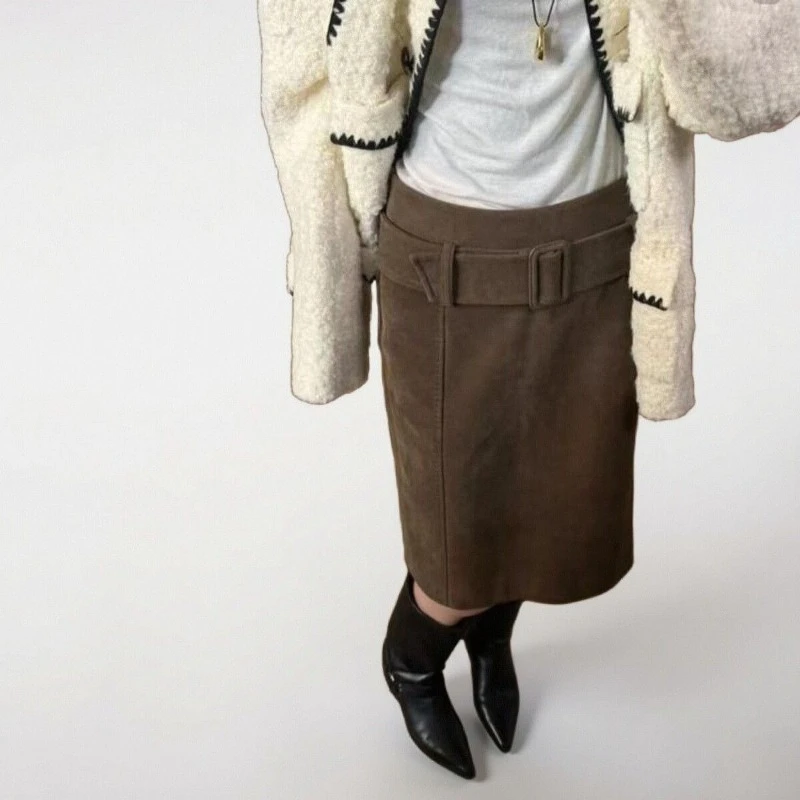 Deeptown Vintage Short Skirt Women Elegant Brown Harajuku Office Lady Wrap Skirt Y2k Sexy Retro Autumn Winter A-line Mini Skirts