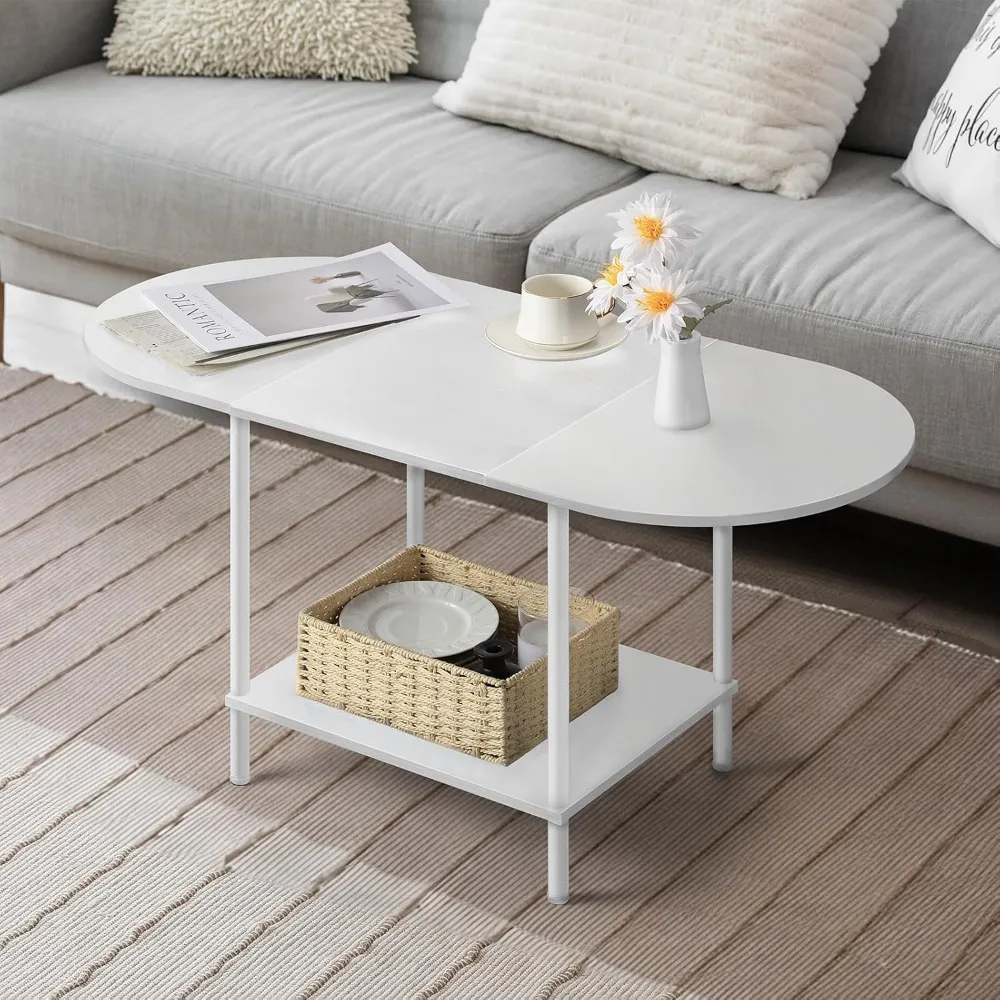 

2-Tier Small Coffee Table Industrial Modern Oval Center Table With Storage Shelf and Wood Tabletop Coffee Tables for Living Room