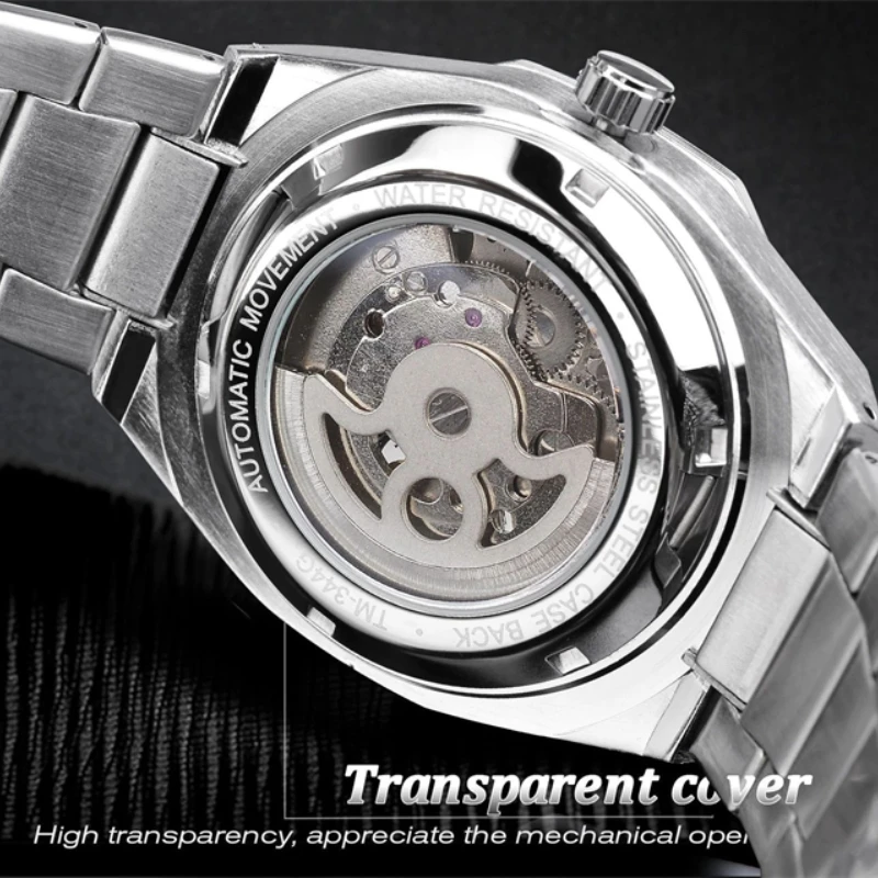 Men's Luxury Automatic Mechanical Watch, Unique and Stylish Hexagonal Frame Design, Stainless Steel Strap, Perfect Gift for Him, Luxury Men's Watch | Fashionable Wrist | Transparent Dial, No Batteries Required