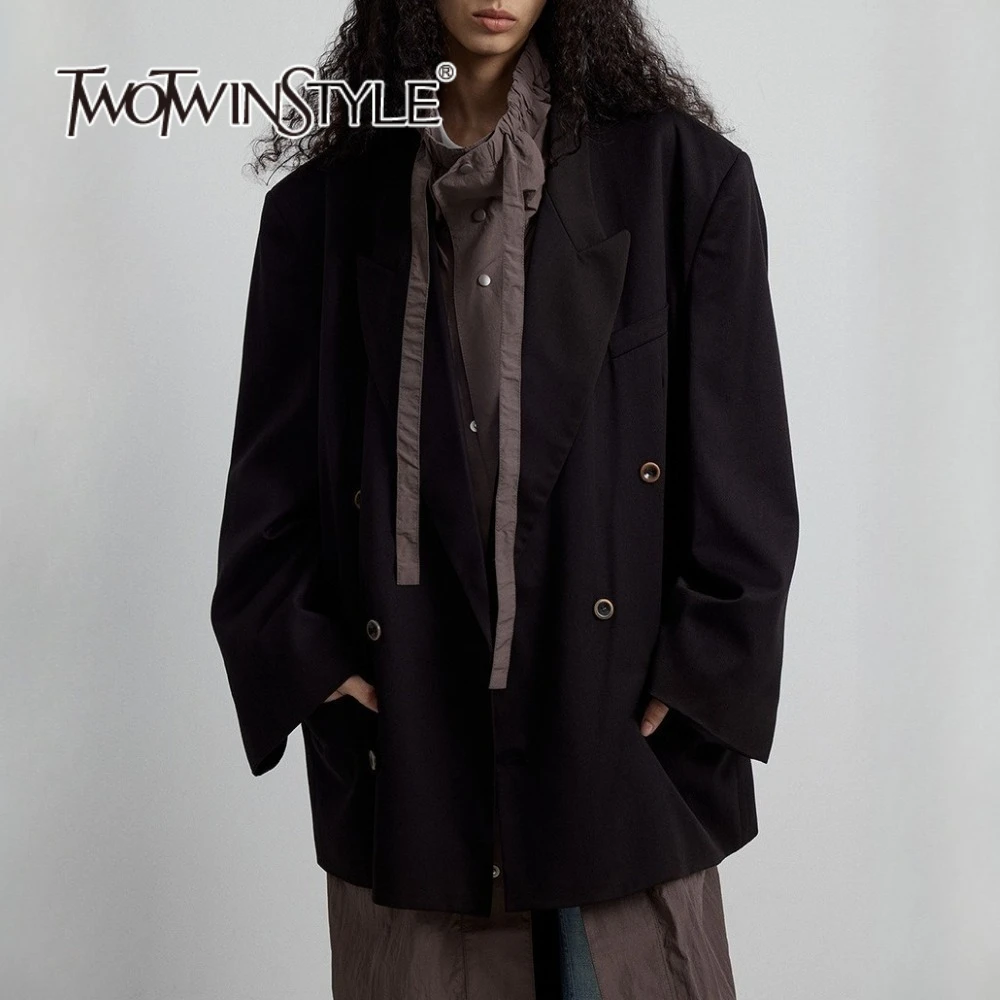 

TWOTWINSTYLE однотонные свободные двубортные повседневные пиджаки для женщин с лацканами и длинными рукавами, минималистичный пиджак, женская одежда