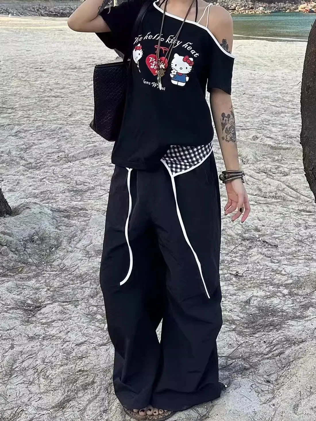 Summer American Retro Fake Two-Piece Wide Leg Paratrooper Pants Women's Versatile Design Pleated Mop Casual Trousers