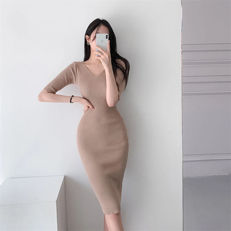 2024 Korean Fashion Woman Vintage Clothes Spring Casual Women\'s Dresses Knitted Short Sleeve Vestidos Elegantes Para Mujer Midi