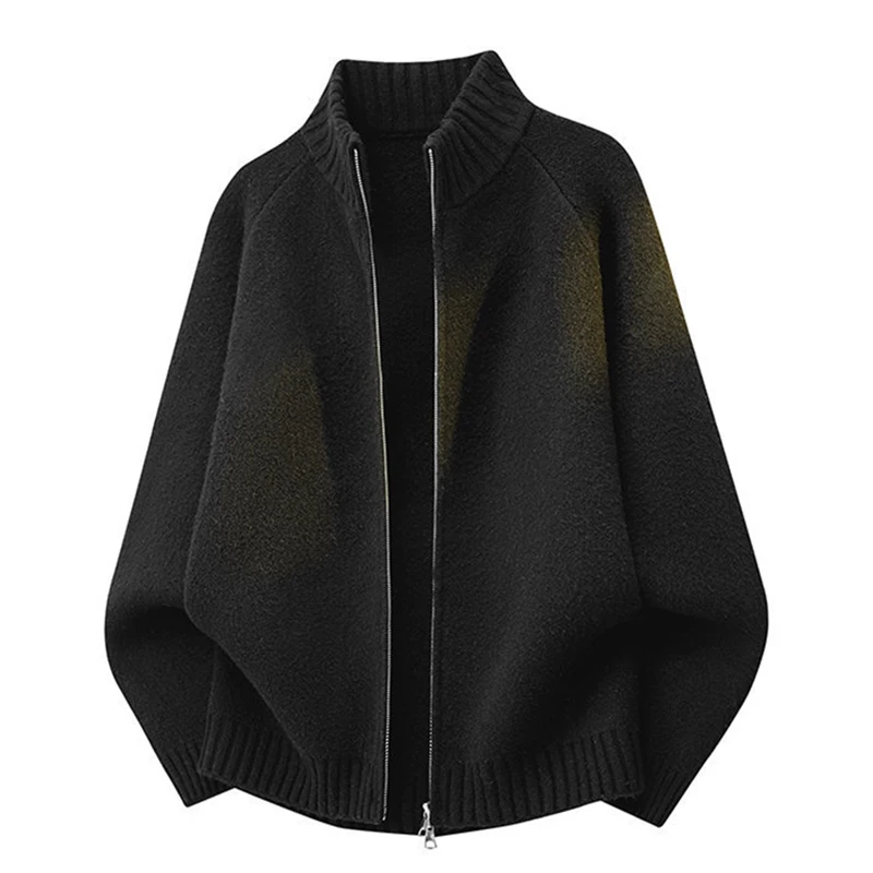 Winter Thickened Long Sleeve Jacket Mens Vintage Knitted Stand Collar Solid Color Loose Cardigan Casual Zip-up Knit Coats Men