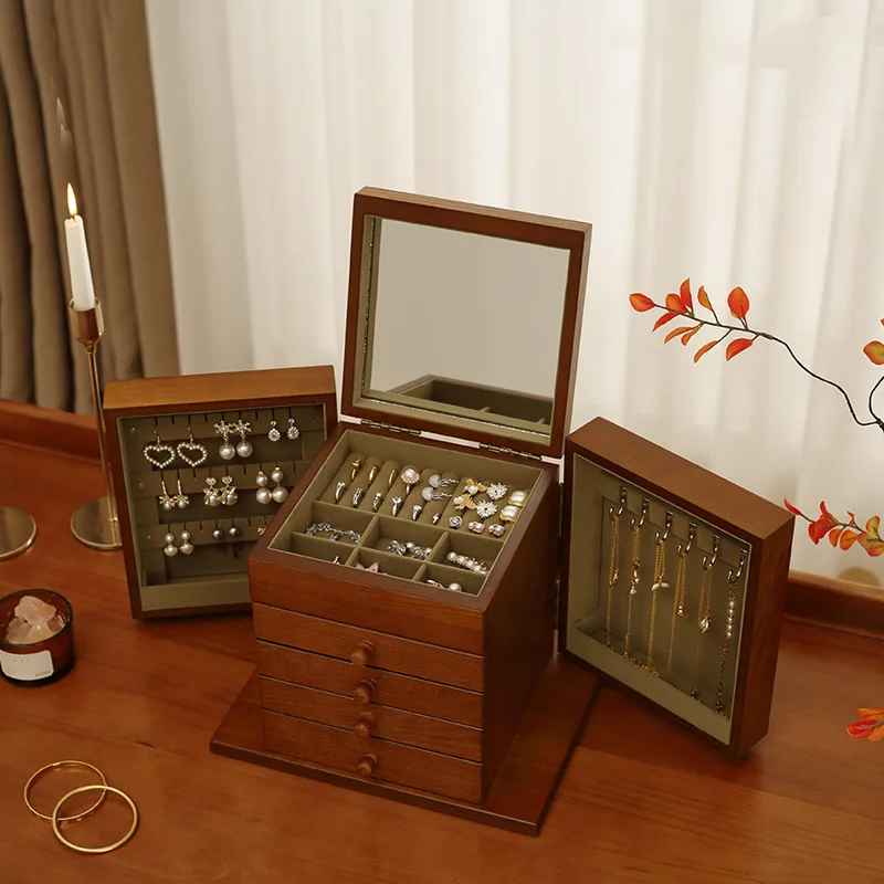 

Large Capacity Jewelry Box Wooden Retro Jewelry Storage Boxes Drawer Earrings Ring Organizer Box Women's Necklace Display Case