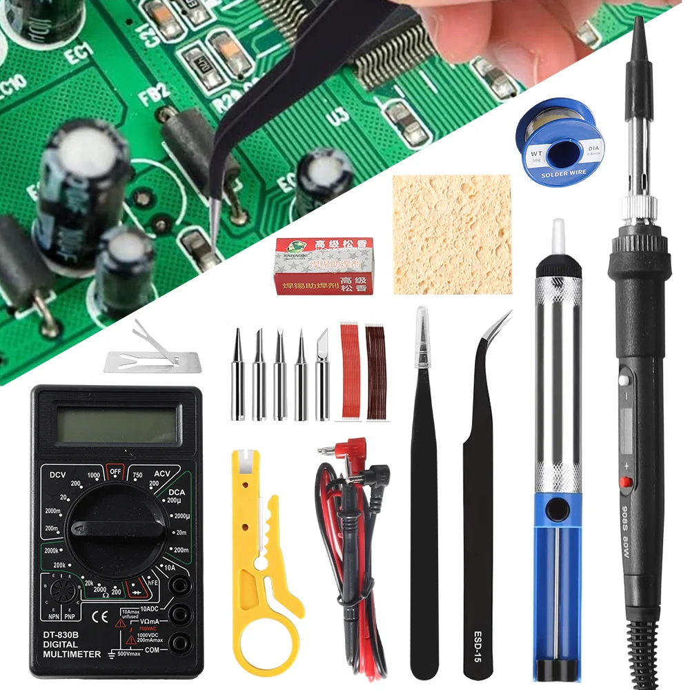 80W UK Plug Electric Soldering Iron Kit Digital Temperature Adjustable Welding Tool Solder Tin With Iron Tips Repair Tools