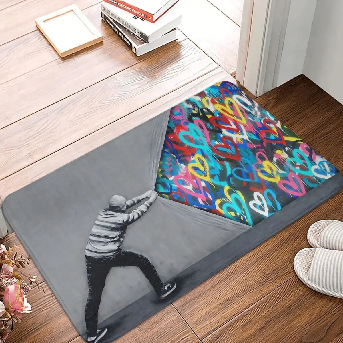 Non-slip Doormat Behind The Curtain Graffiti Hearts Spray Paint Carpet Bath Bedroom Mat Prayer Home Decorative