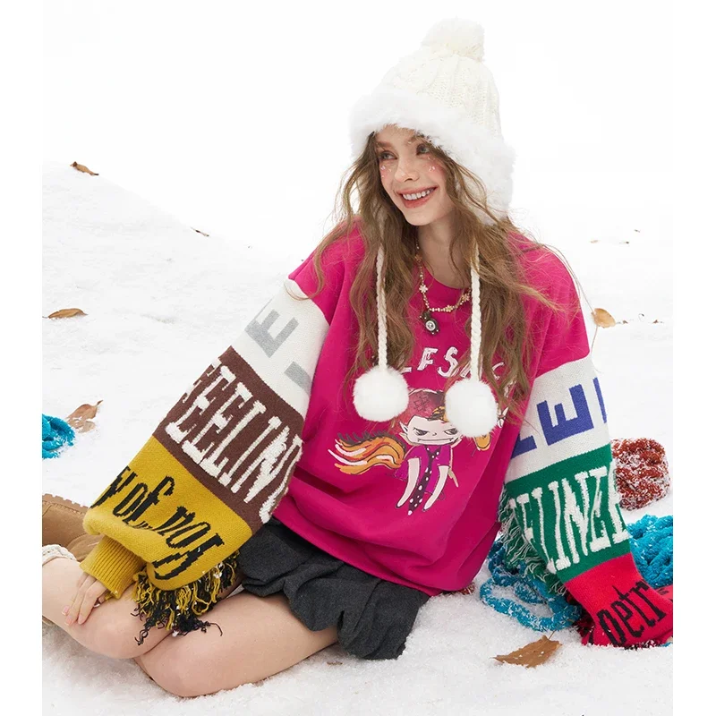 ELFSACK Y2K Loose Graphic Contrast Patchwork Sleeve Round Neck Sweatshirt For Women
