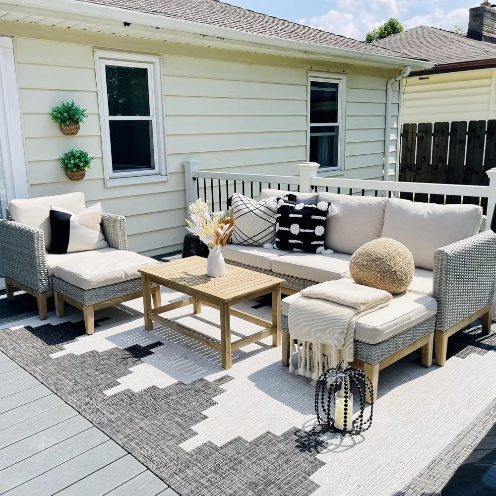 Sophia & William Outdoor Patio Furniture Sets, 5-Piece All-Weather Patio Conversation Set, High Back Wicker Rattan Setional Sofa