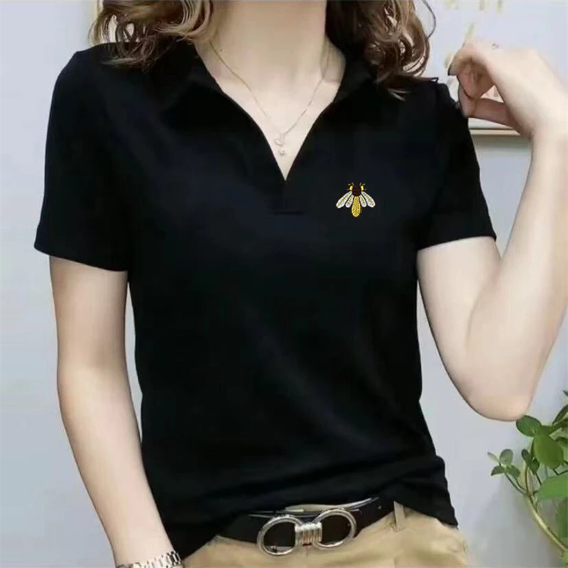 2024 Summer Women Korean Fashion Embroidery Elegant Polo Collar T-shirts Female Simple Casual Loose Short Sleeve Tops Ropa Mujer